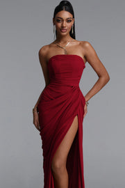 Tazeda Elegant Contour Strapless Ruched Mesh Red Maxi Dress